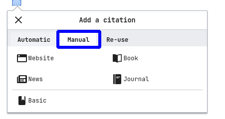 Screenshot of the "Manual" tab when adding citations to a page