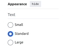 screenshot showing the options for text size in the sidebar