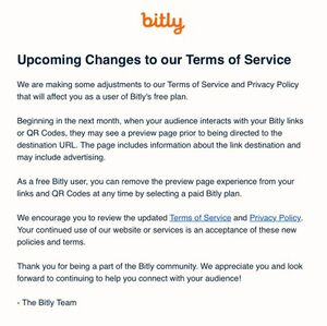 An email explaining the change coming to Bitly's Terms of Service.