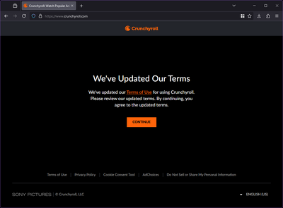 The notification on Crunchyroll's site for US-based users on 01-30-2025 notifying them of the change of the terms of conditions and requiring them to click continue.