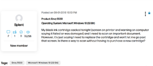 user asks on HP support forum why their scanner will not properly scan without ink