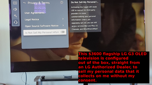 The LG G3 OLED defaults to a setting of "do not sell my personal information" being off, meaning it is configured to allow the sale of personal information by default.