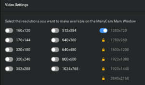 A screenshot of ManyCam Lite after the update, showing the newly locked (feature gated) high resolutions.
