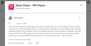 A review from a muzio paid customer who has been affected by red sky labs changing the terms of the sale. this is a screenshot from the google play store reviews section viewed in my desktop web browser on 01/28/2025, 1:02 PM Central time