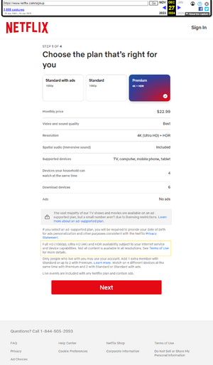 Netflix signup page: plan choice, bottom of page.
