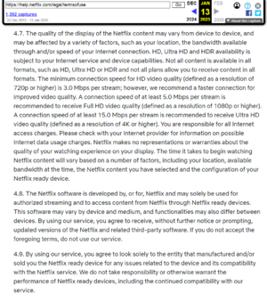 Netflix terms of service covering streaming quality