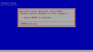 Windows 3.1 beta setup with a gray square in the middle in red text coloring that says "Non-fatal error detected: error #4D53 (Please contact Windows 3.1 beta support.). Press ENTER to continue"
